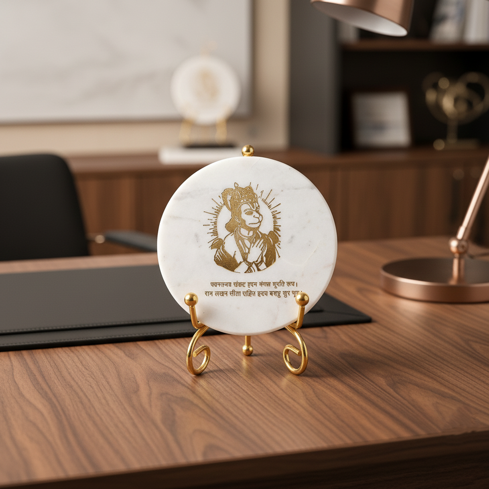 Marble Round Hanuman Showpiece with Metal Stand