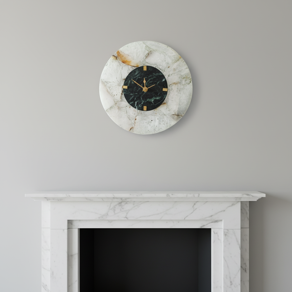 Round White Agate and Green Marble Big Desk Clock with Metal Stand