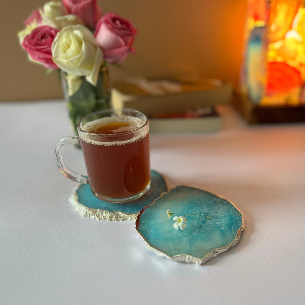 Blue  Crystal Agate Coaster With Silver Plating