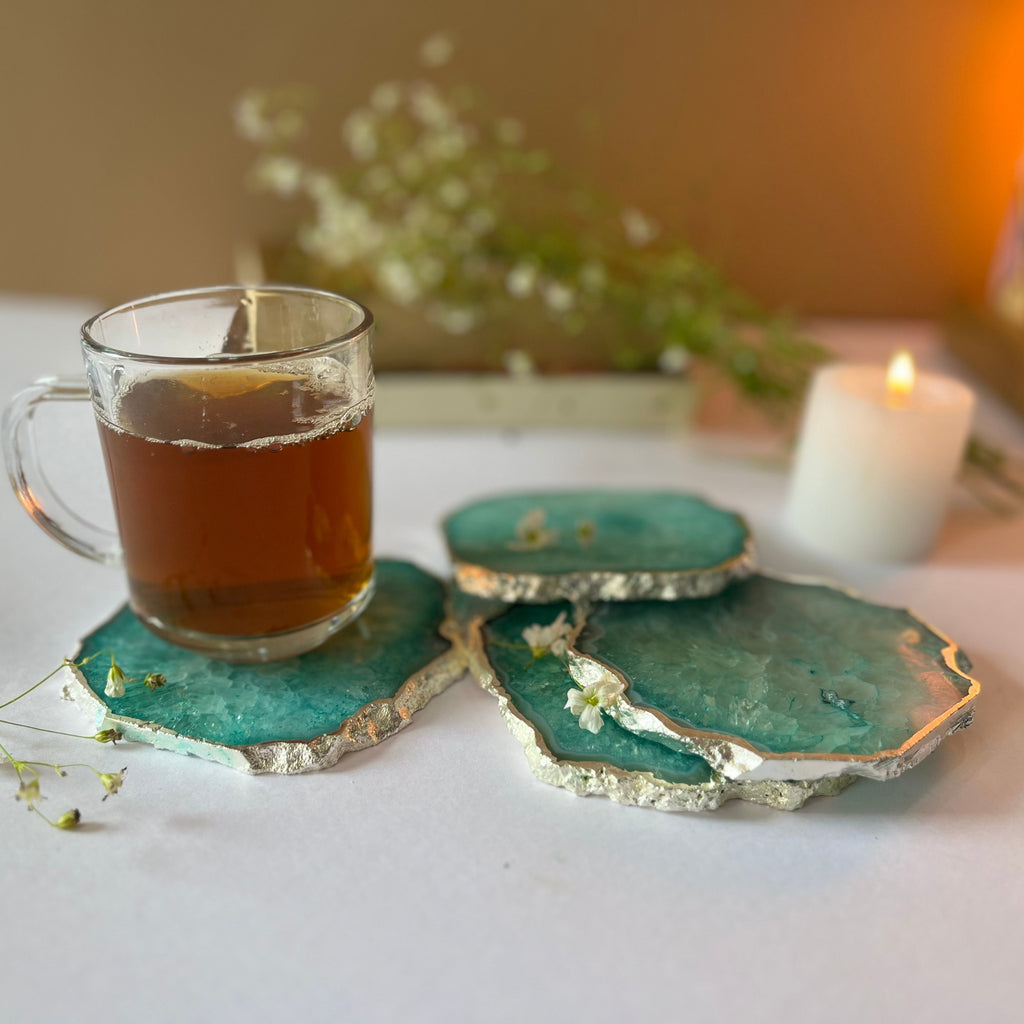 Green  Crystal Agate Coaster With Silver Plating