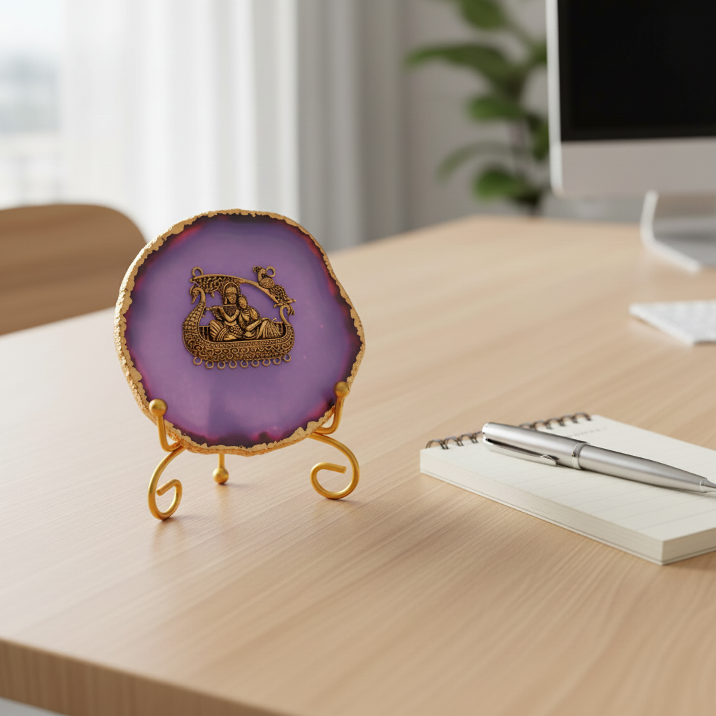 Agate Metal Radha Krishna Showpiece with Metal Stand - Purple