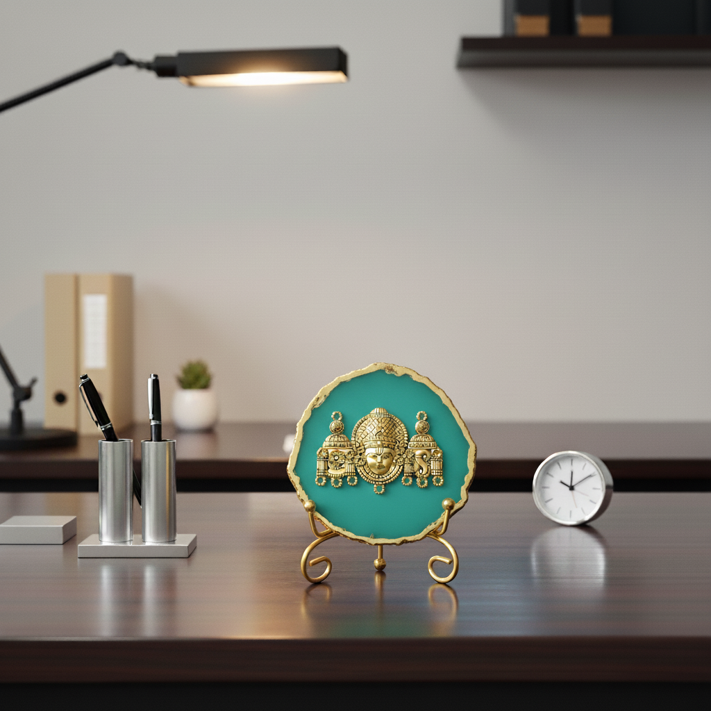 Agate Metal Venketeshwar Showpiece with Metal Stand - Turquoise