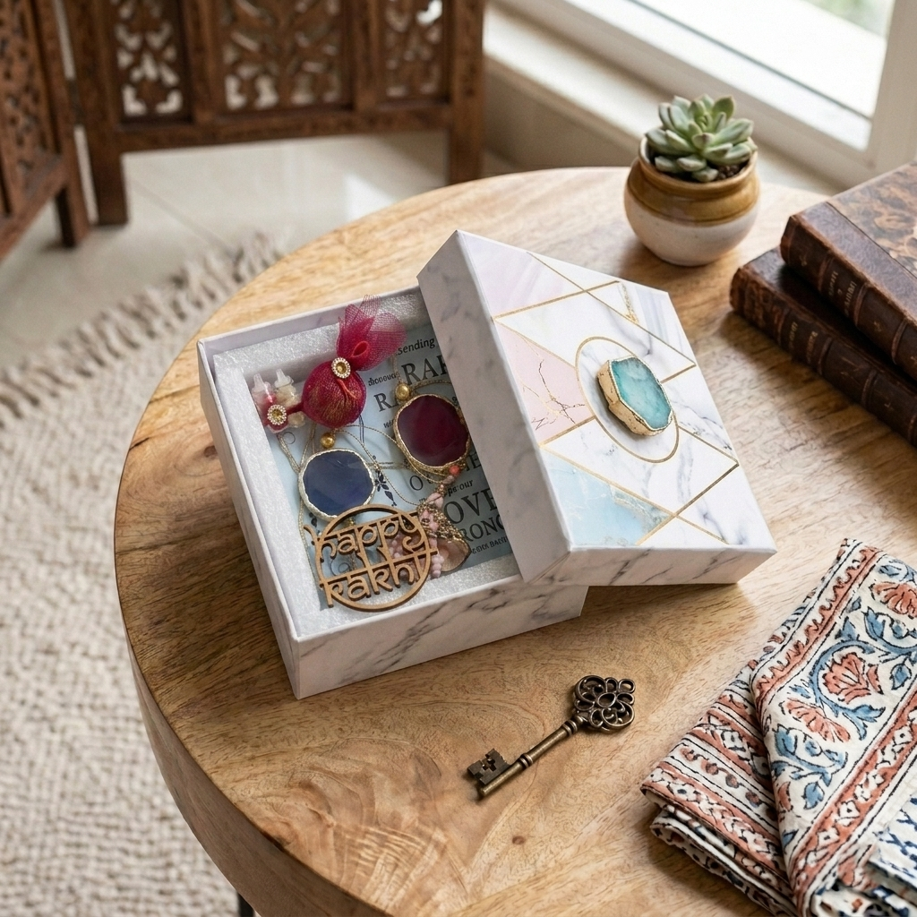 Agate Lumba Rakhi Set With Roli Chawal and Nariyal With Gift Box