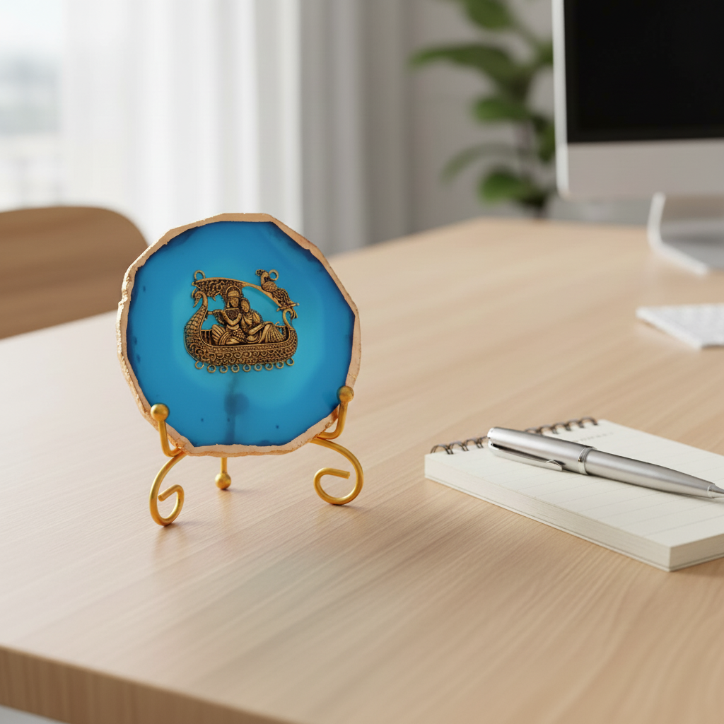 Agate Metal Radha Krishna Showpiece with Metal Stand - Blue