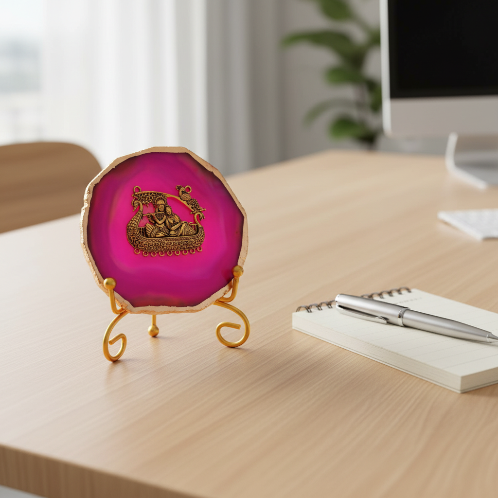 Agate Metal Radha Krishna Showpiece with Metal Stand - Pink