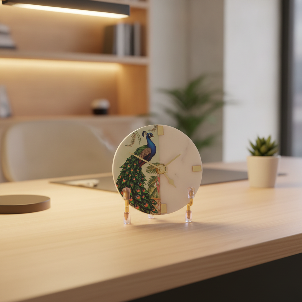 Marble Resin Finished Desk Clock With Metal Stand