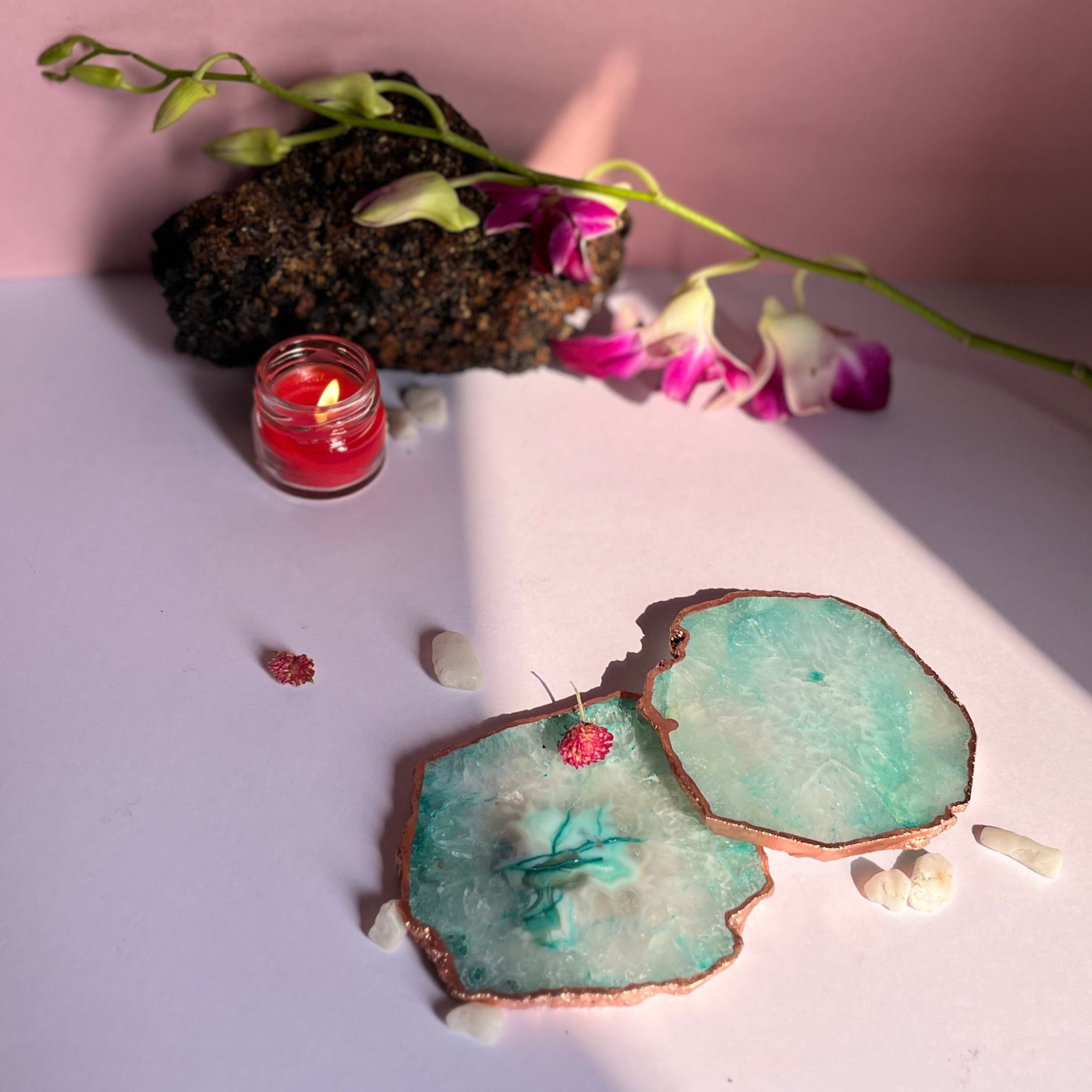 Pink  Crystal Agate Coaster With Rose Gold Plating