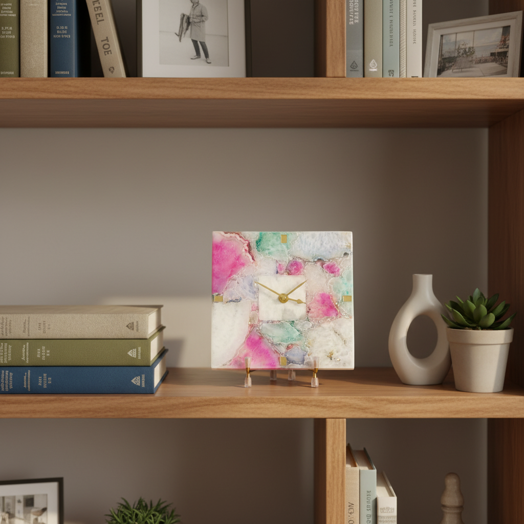 Agate Square Multi Color Desk Clock with Metal Stand