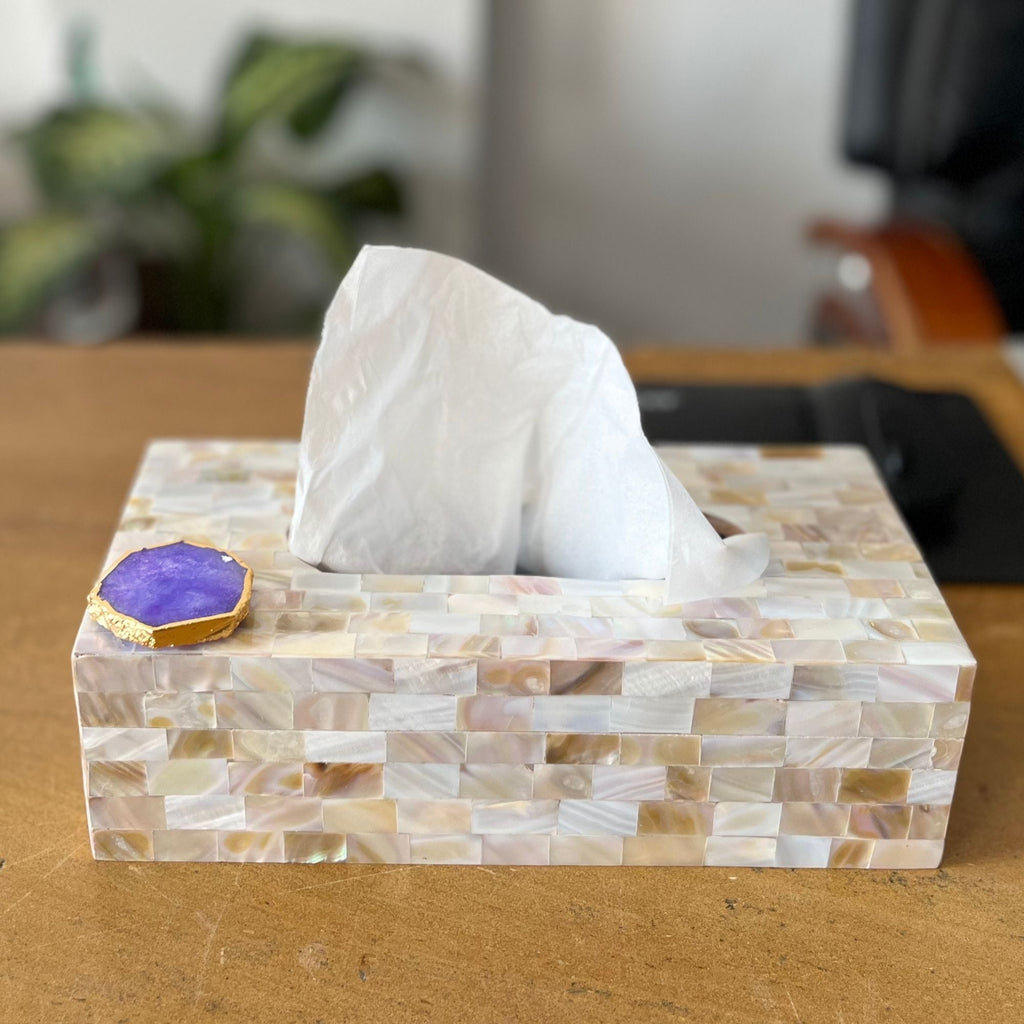 Pink Agate with  Mother of Pearl Tissue Box Holder