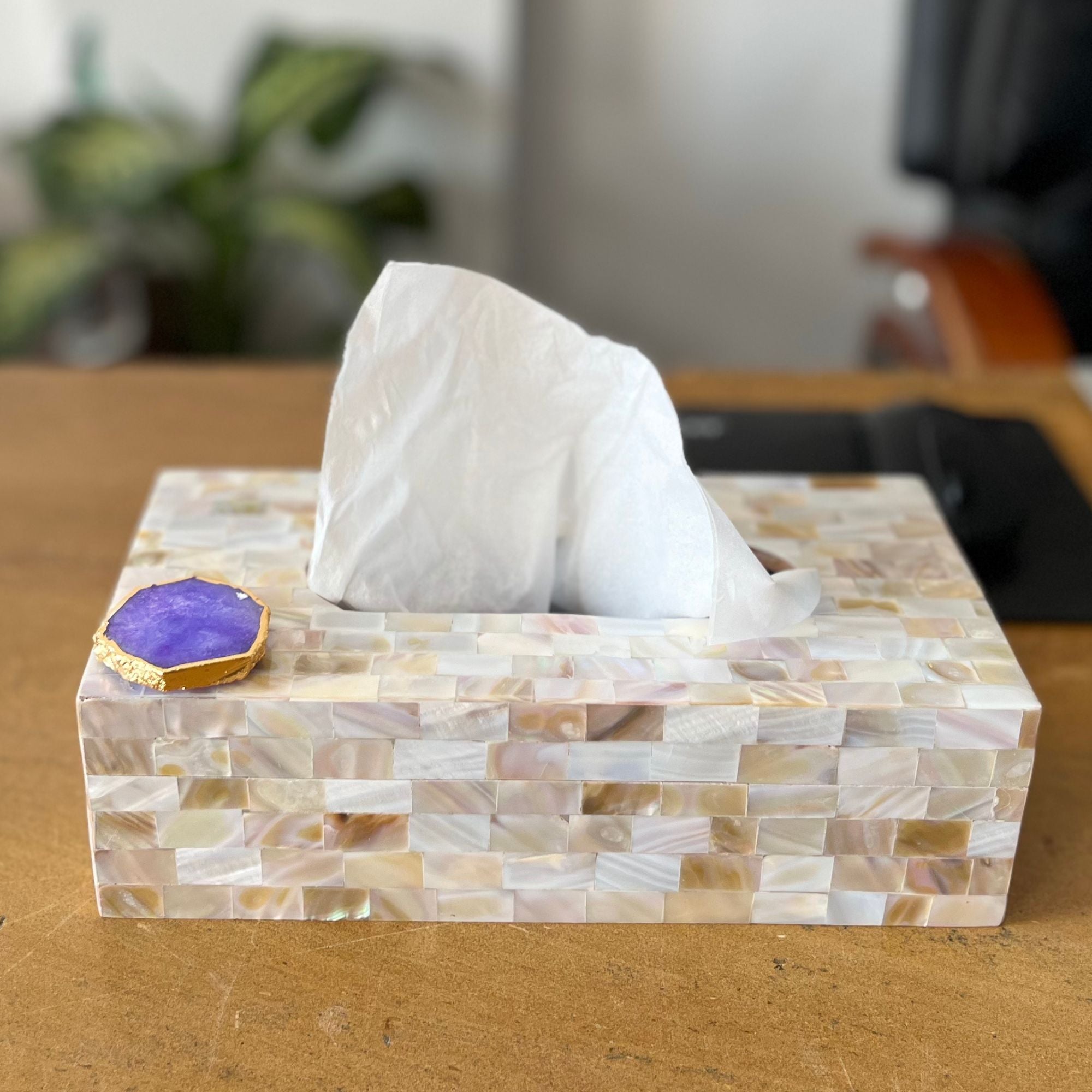 Pink Agate with  Mother of Pearl Tissue Box Holder