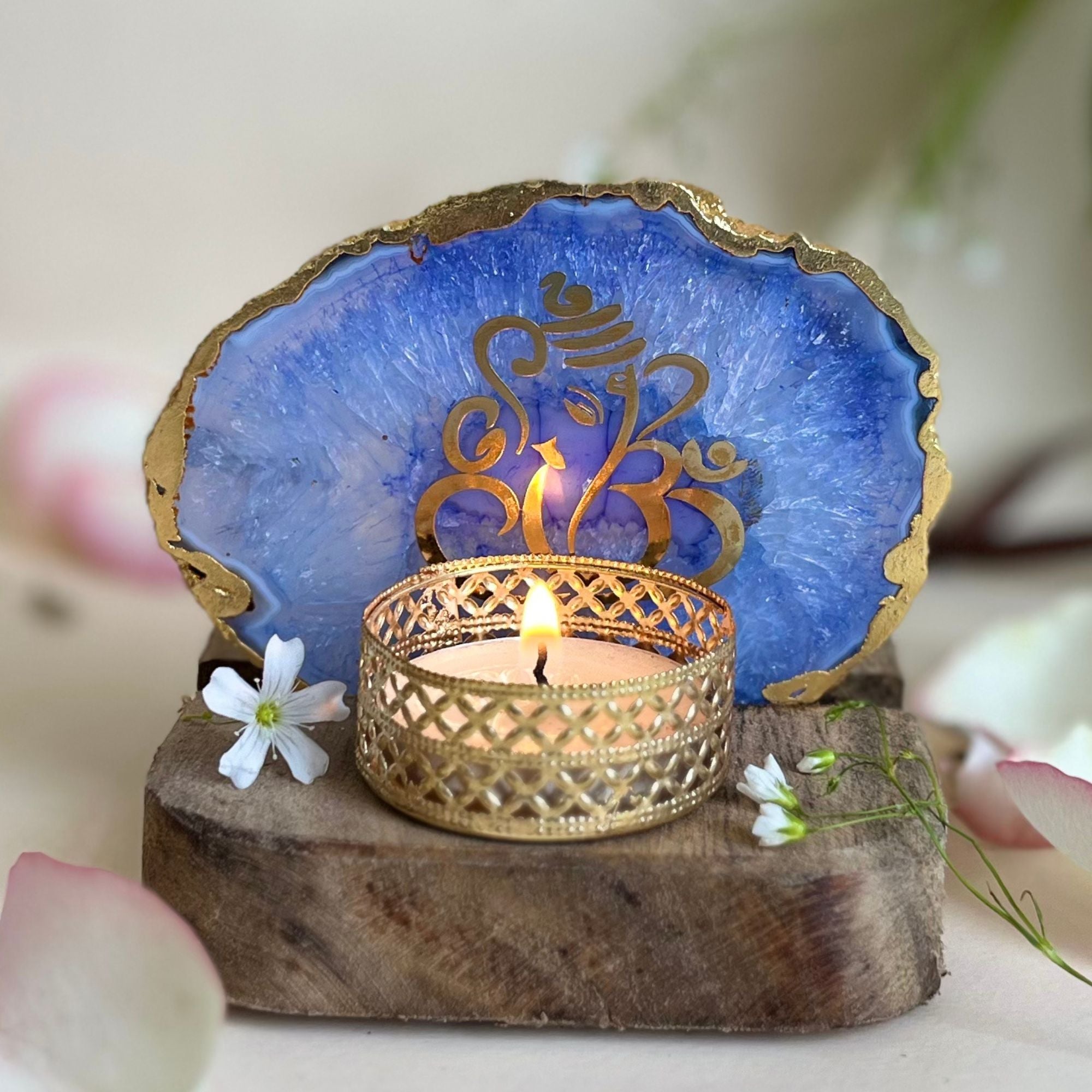 Agate Lord ganesh Tea Light Holder With Wooden Stand
