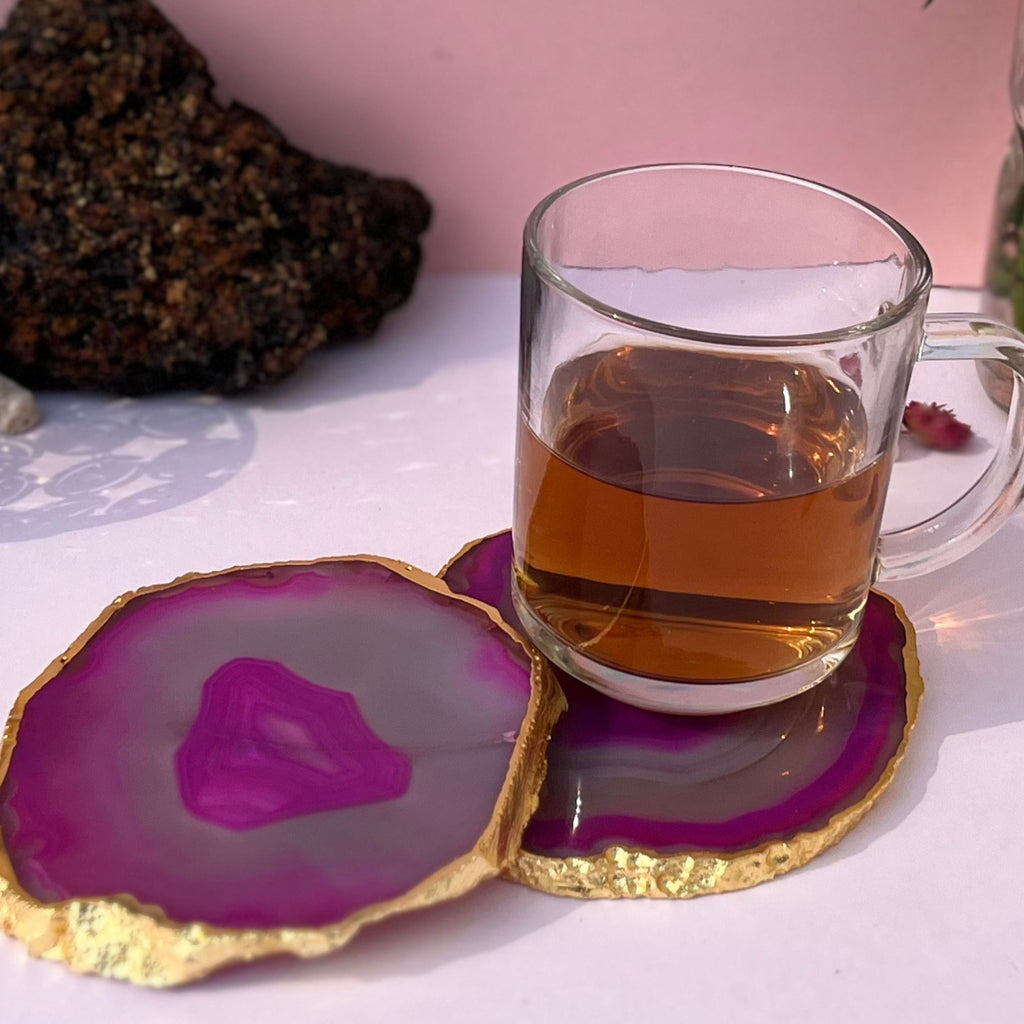 Pink  Natural Brazilian Agate Coaster With  Gold Plating
