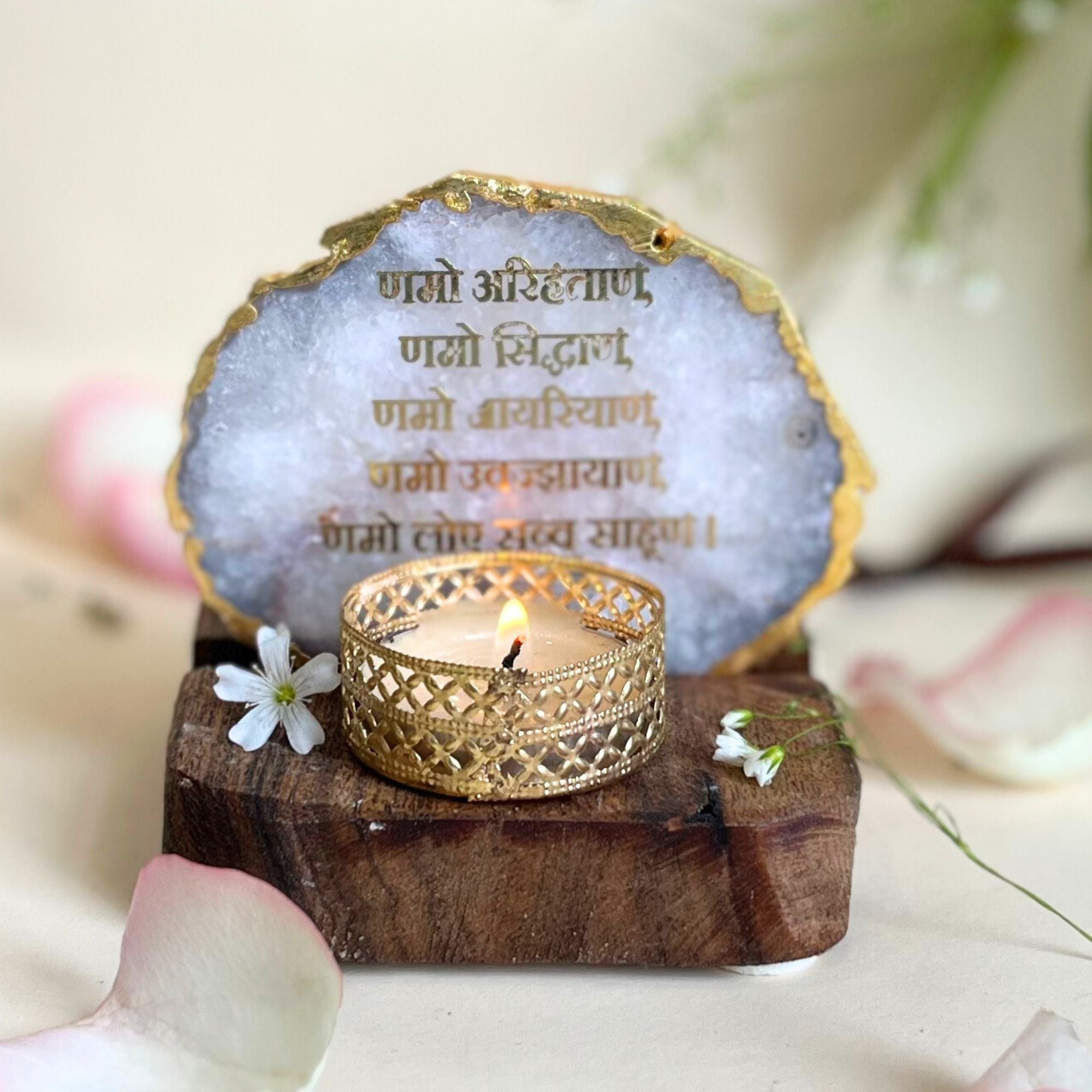Namokar Mantra Agate Tea Light Holder  with Wood Stand