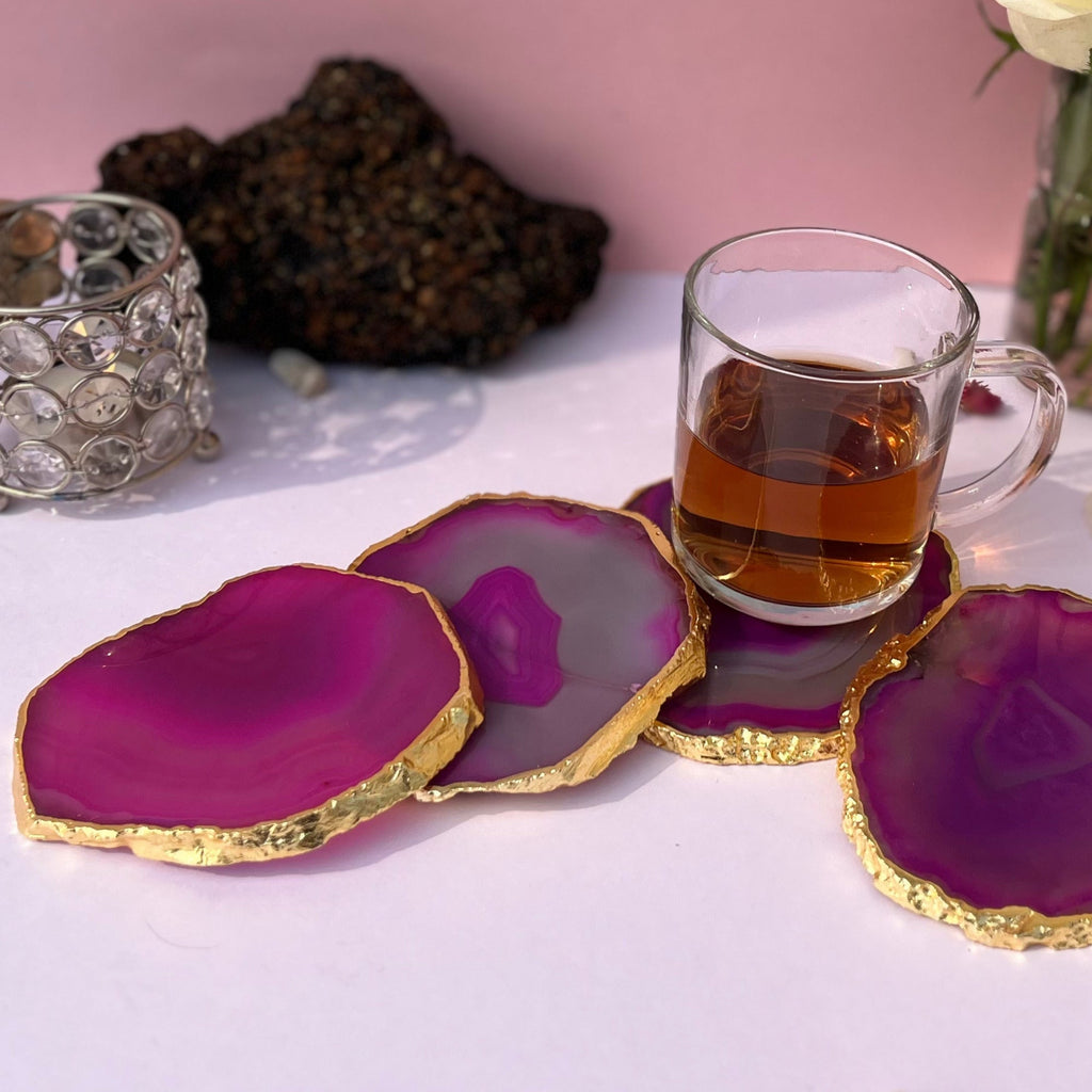 Pink  Natural Brazilian Agate Coaster With  Gold Plating