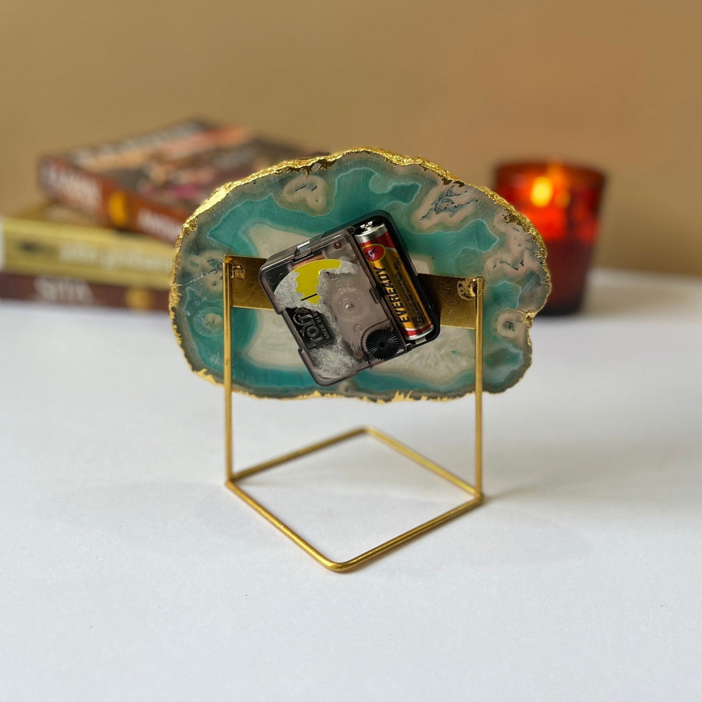 Blue  Brazilian Agate Desktop Clock with Metal  Stand