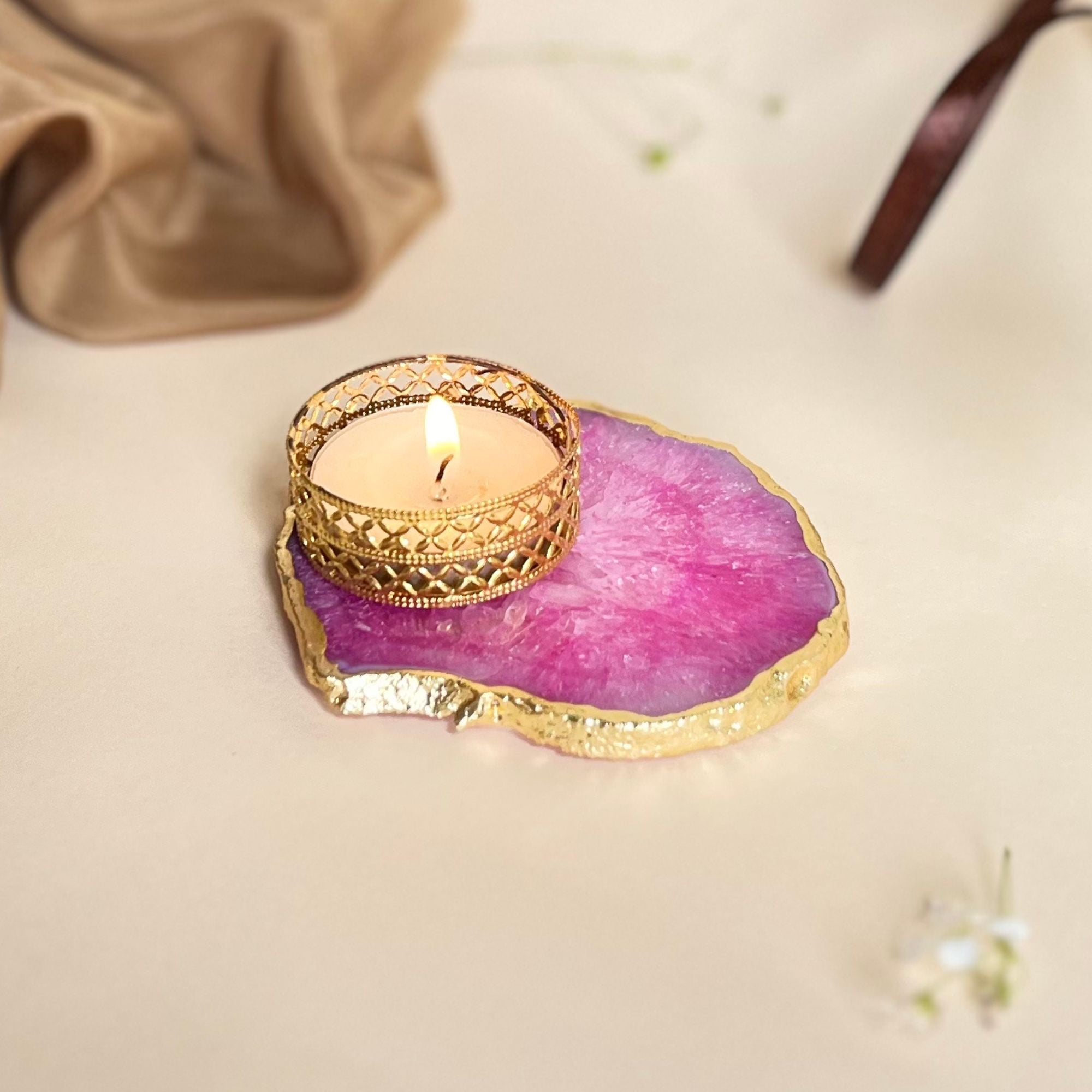 Agate Tea Light Holder with Gold Plated, Diwali Decor