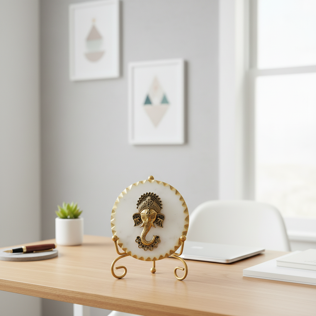 Marble Metal Ganesha Showpiece With Metal Stand