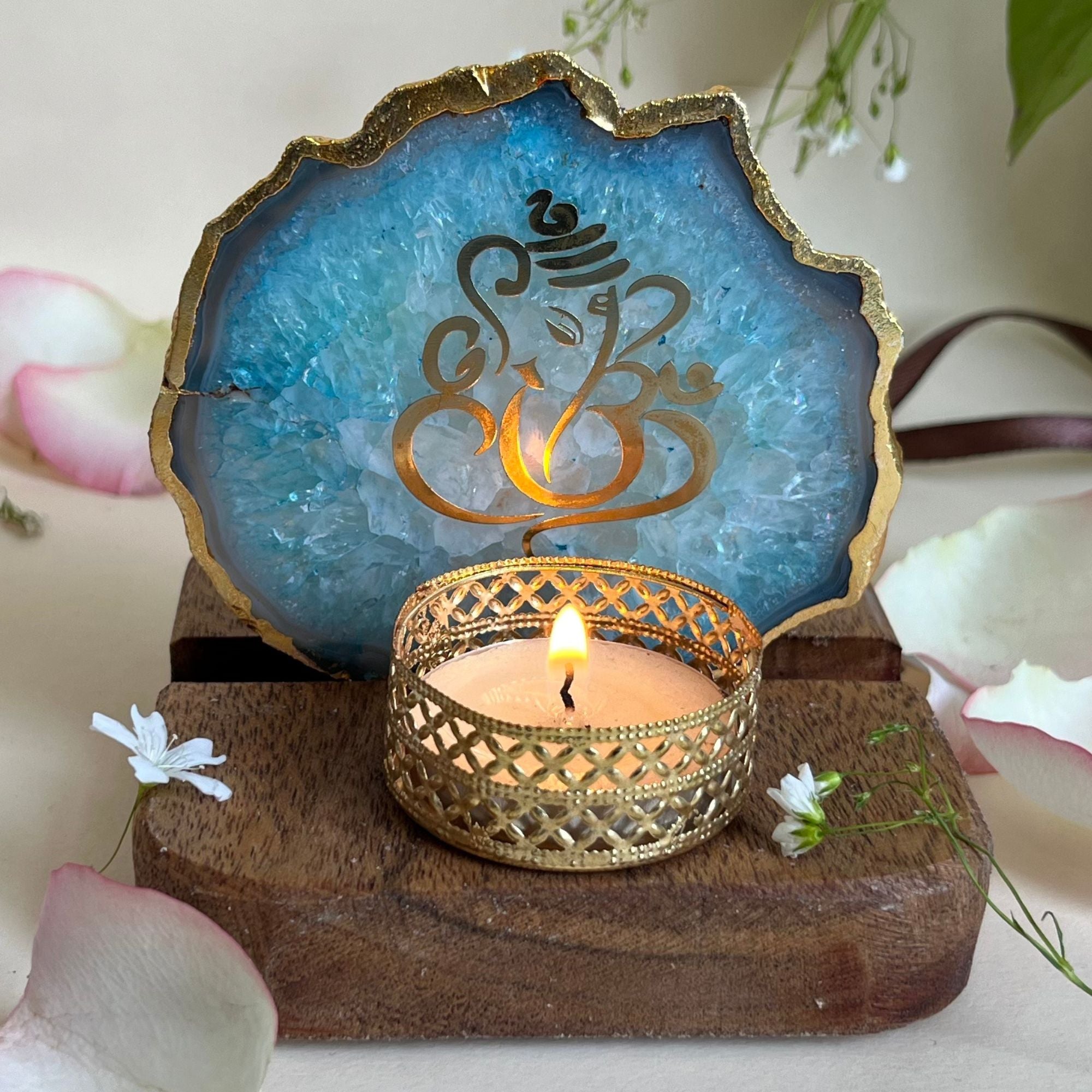 Agate Lord ganesh Tea Light Holder With Wooden Stand