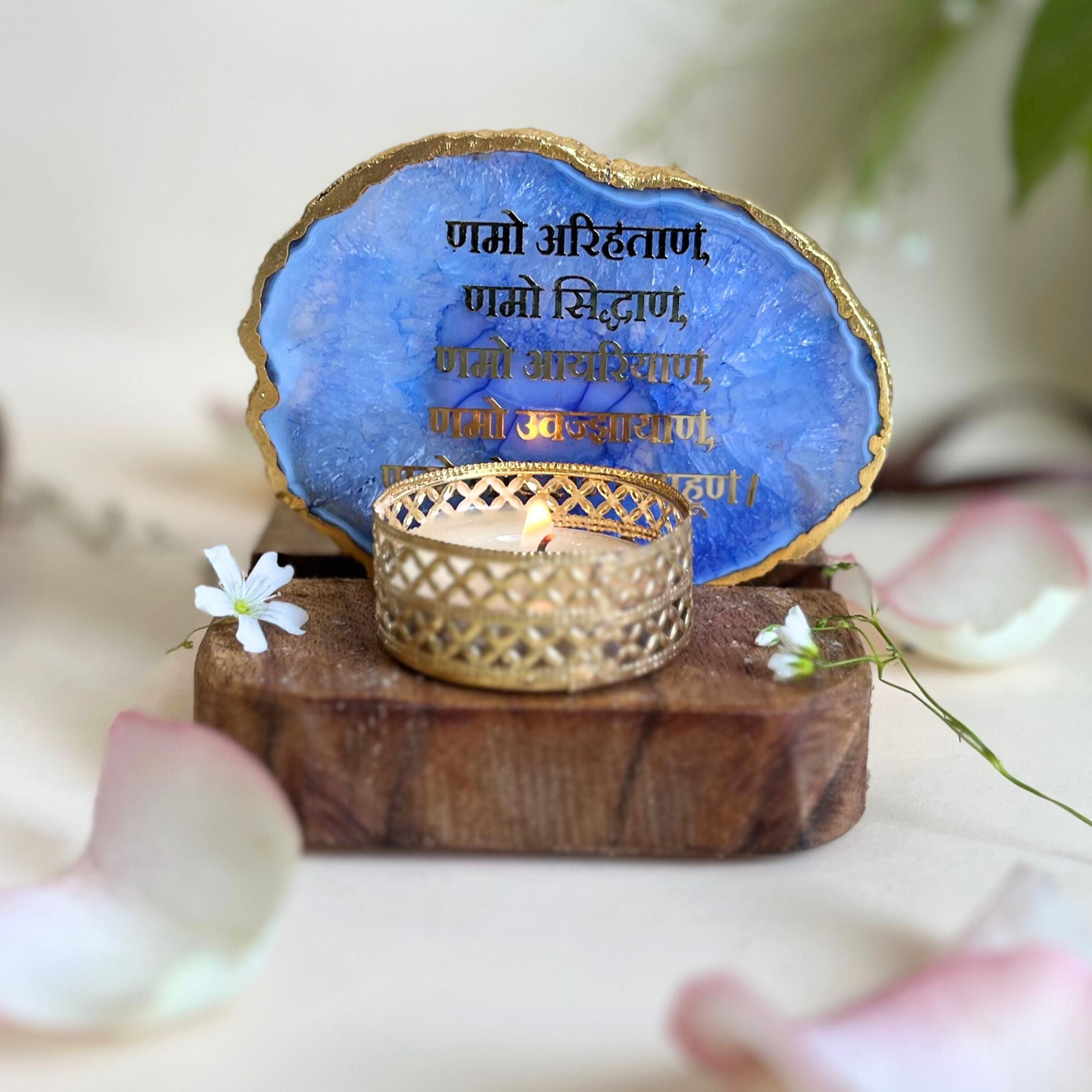 Namokar Mantra Agate Tea Light Holder  with Wood Stand