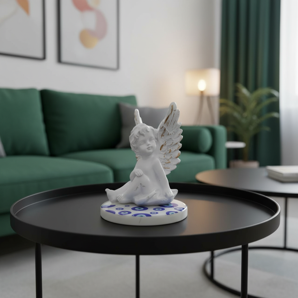 Baby Angel With Evil Eye Round Marble Base