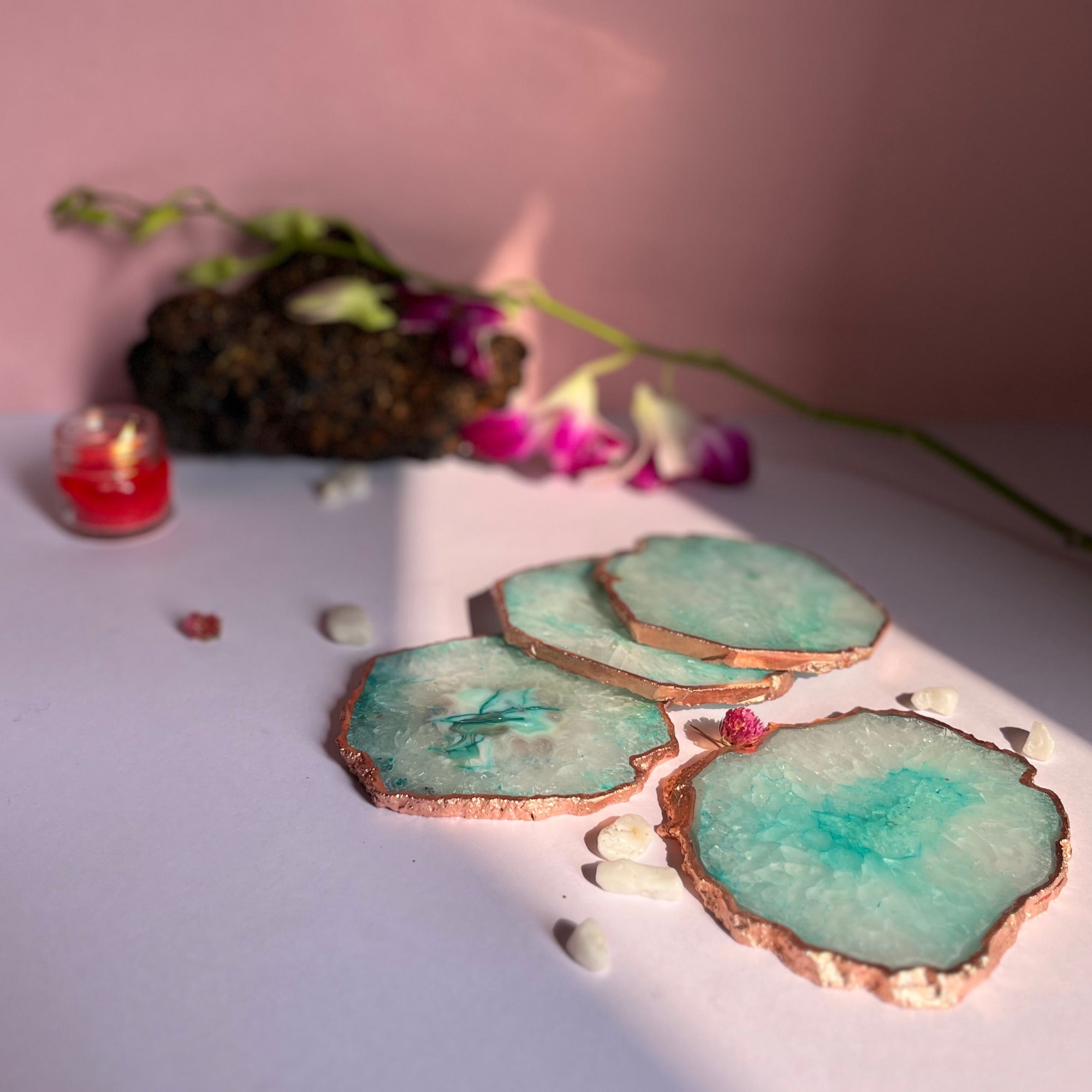 Turquoise  Crystal Agate Coaster With Rose Gold Plating