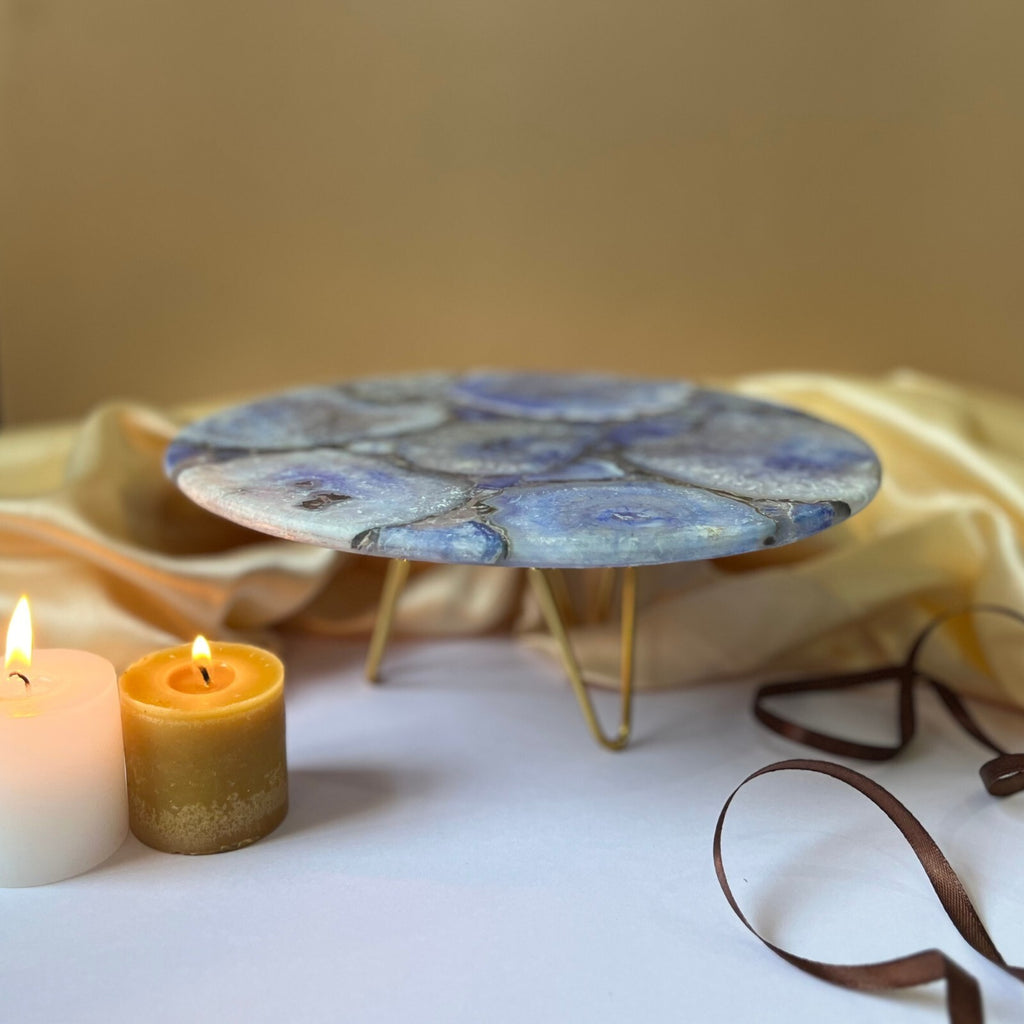 Blue Agate Cake Stand with Metal Base- 10 Inches