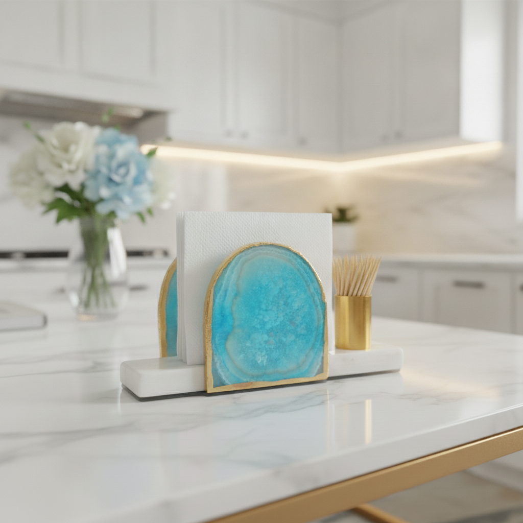 Agate Marble Tissue Holder With Toothpick Holder- Turquoise