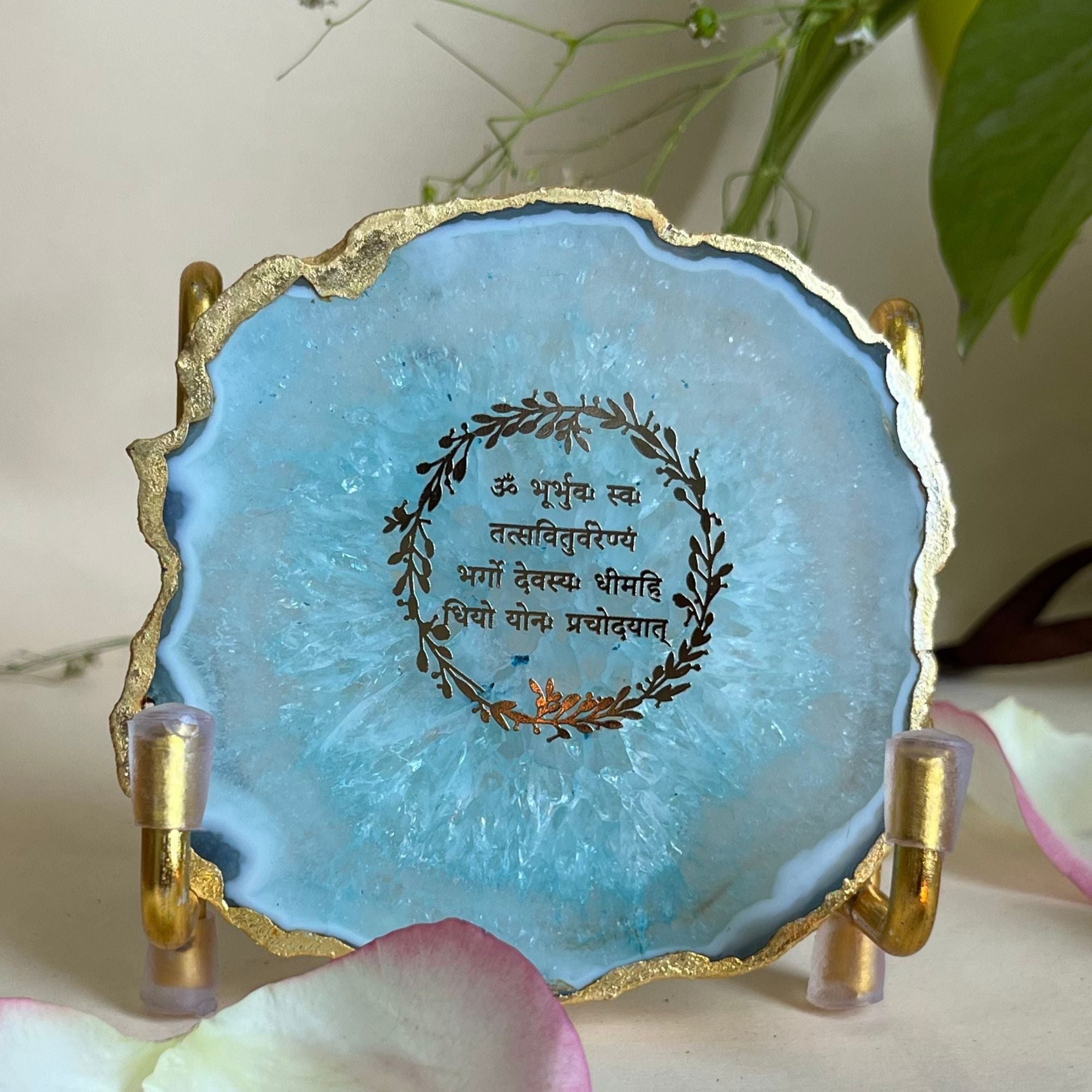 Gayatri Mantra with Green Agate Metal Stand