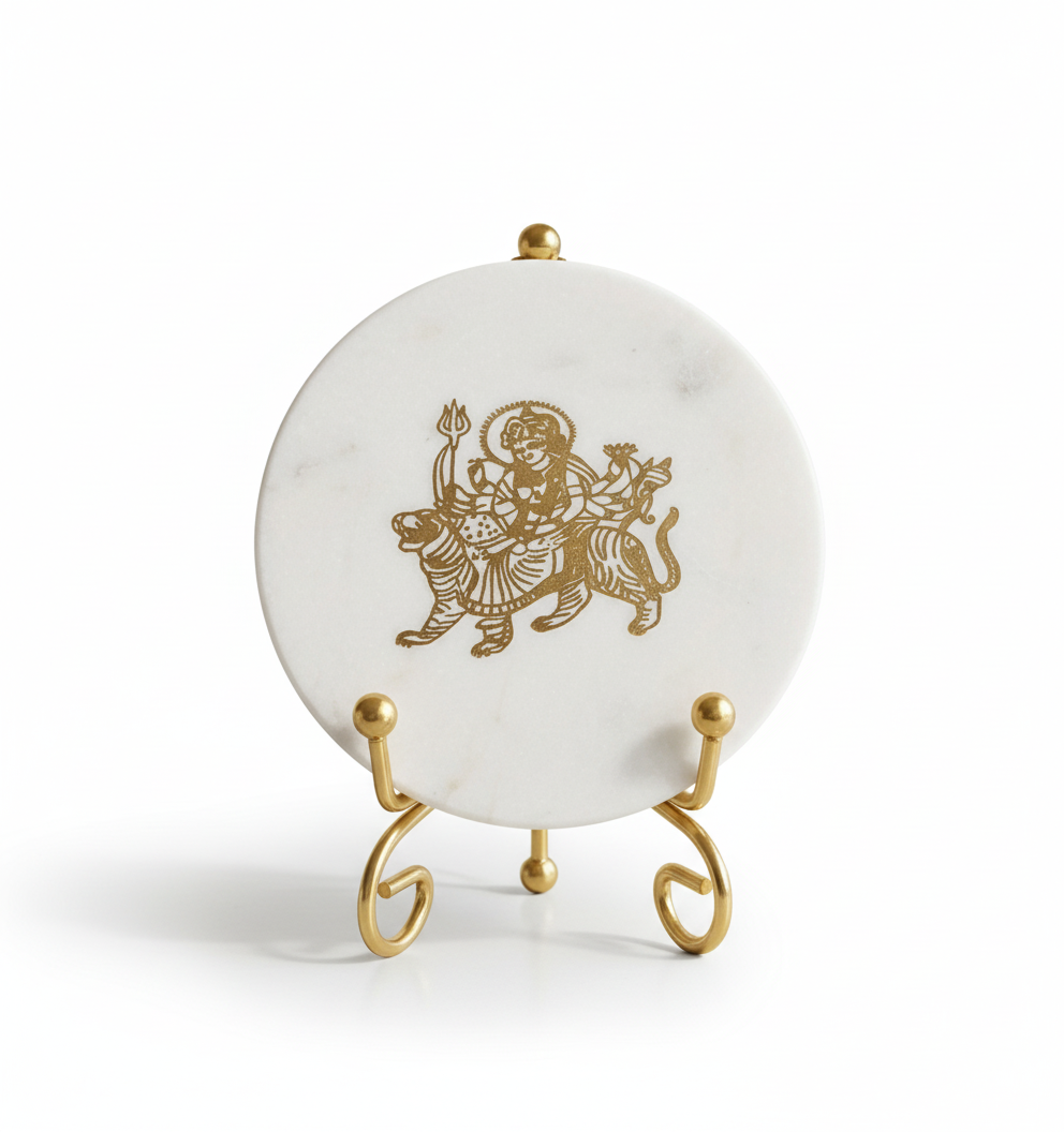 Marble Round Durga Maa Showpiece With Metal Stand