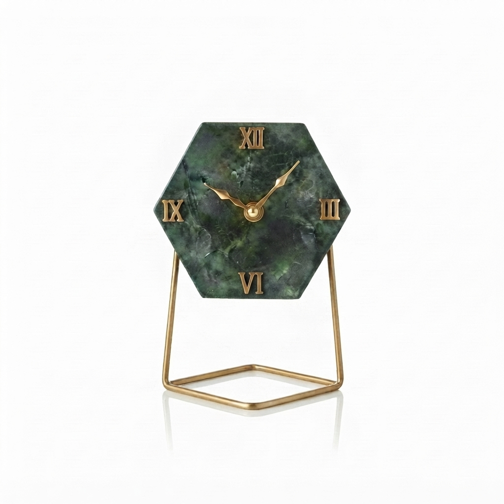 Green Marble Hexagonal Desk Clock With Metal Stand