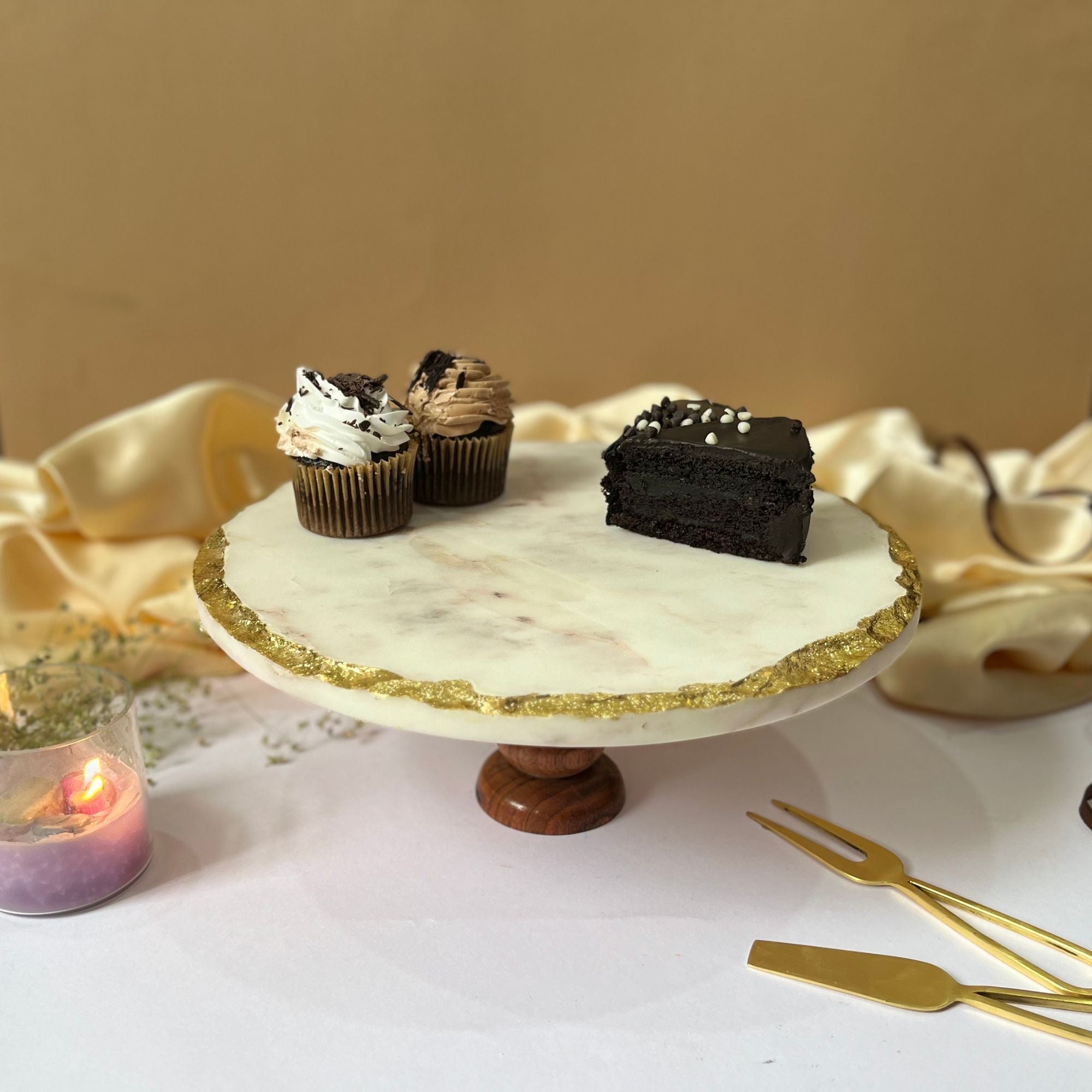 Marble Gold Plated Cake Stand with Metal Base - 10 Inches
