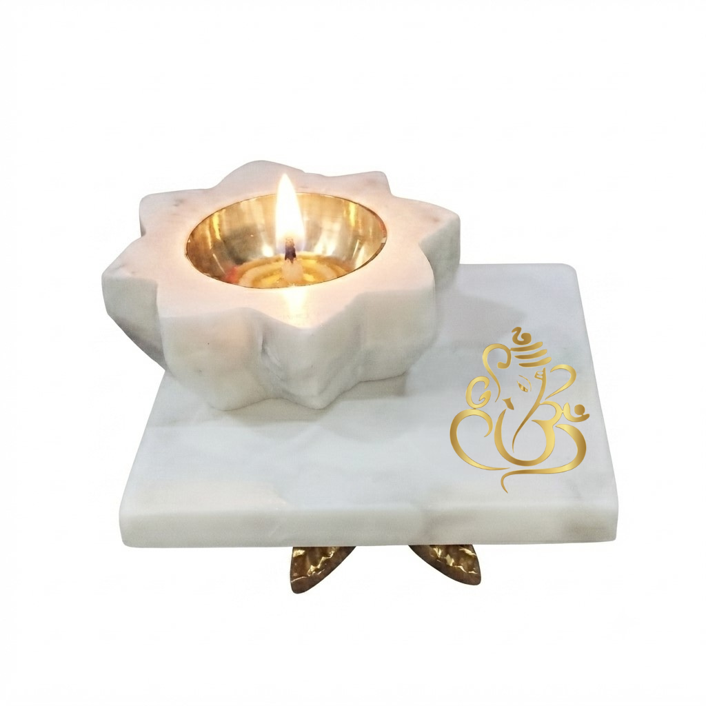 Marble Square Chowki With Marble Brass Diya