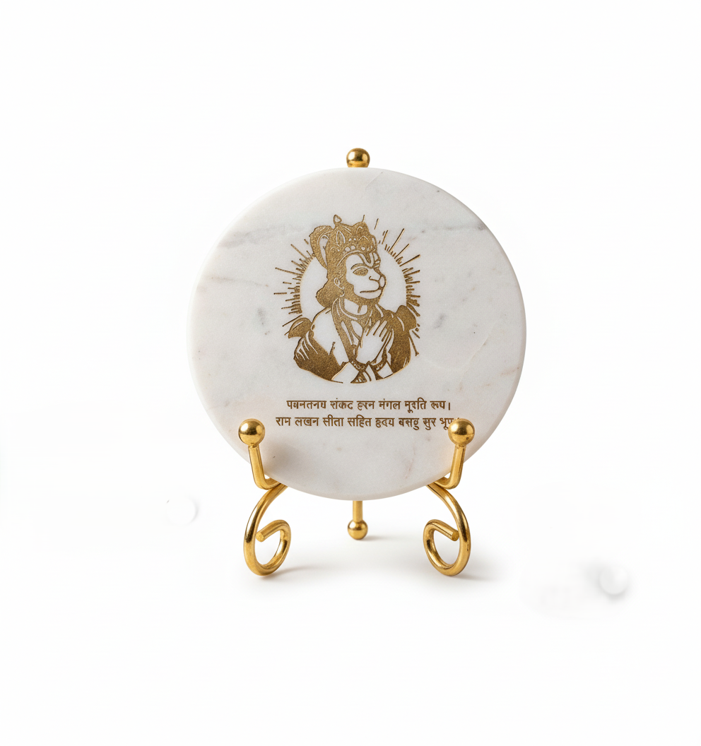 Marble Round Hanuman Showpiece with Metal Stand