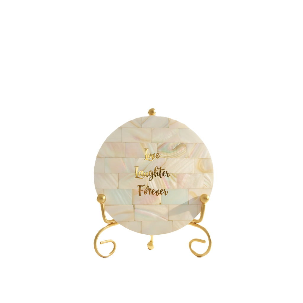 Mother of Pearl Love Laughter Forever Showpiece With Metal Stand