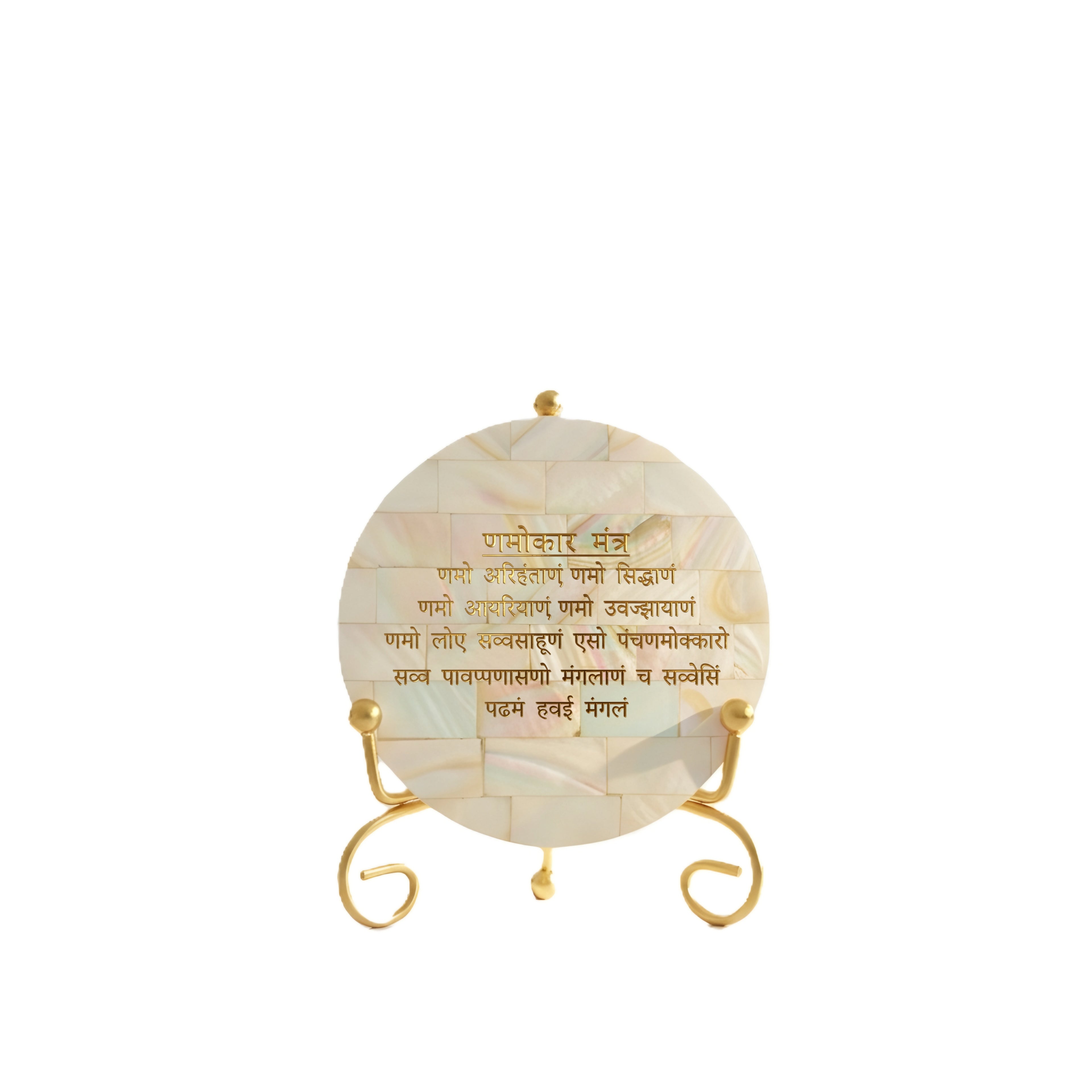 Mother of Pearl Namokar Mantra Showpiece With Metal Stand