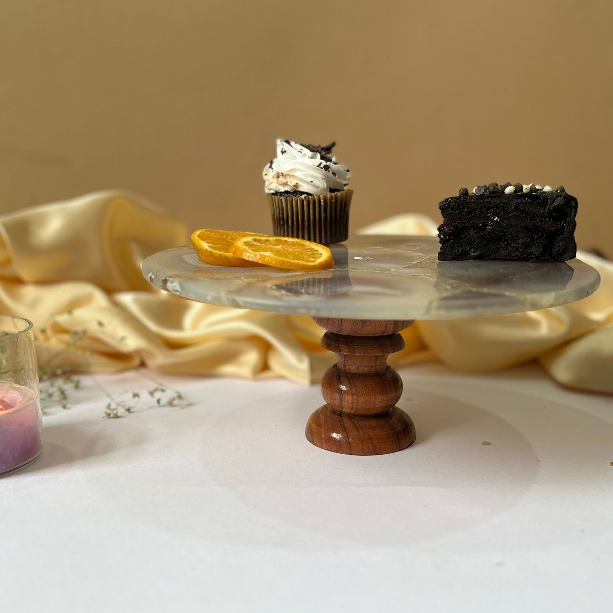 Natural Agate Cake Stand with Wooden Base - 10 Inches