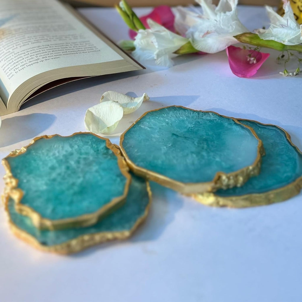 Blue  Crystal Agate Coaster With Gold Plating