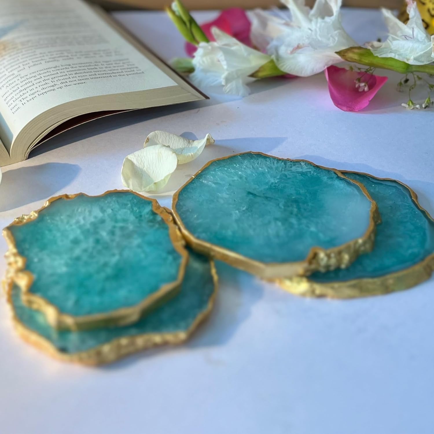 Blue  Crystal Agate Coaster With Gold Plating