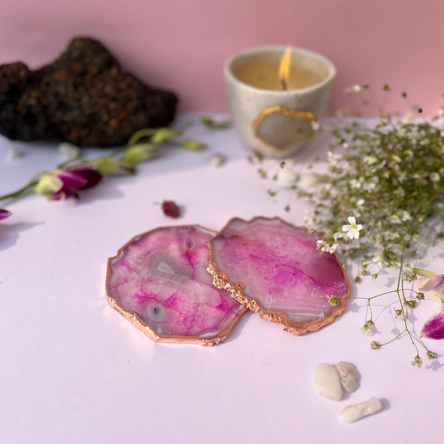 Pink  Brazilian Agate Coaster With Rose Gold Plating