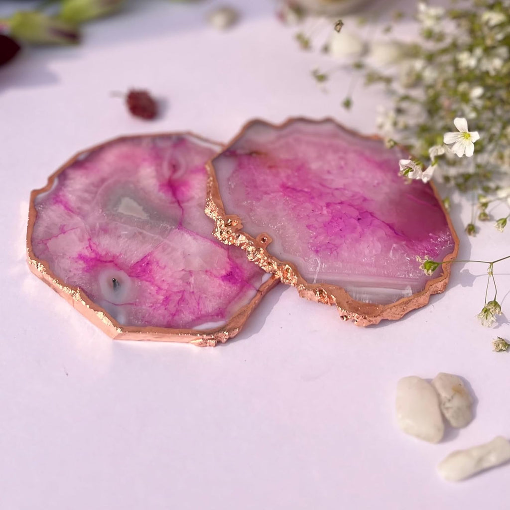 Pink  Brazilian Agate Coaster With Rose Gold Plating