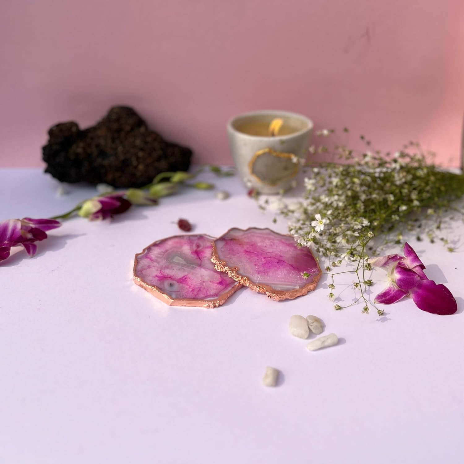 Pink  Brazilian Agate Coaster With Rose Gold Plating
