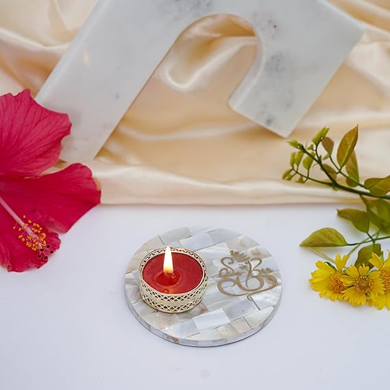 Ik Onkar Tea Light Holder Mother of Pearl Festive Home Décor Light Holder