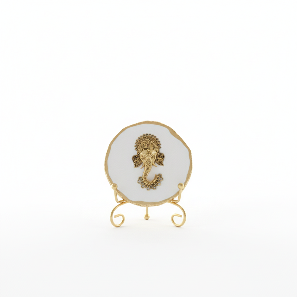 Agate Metal Ganesha Showpiece with Metal Stand - White