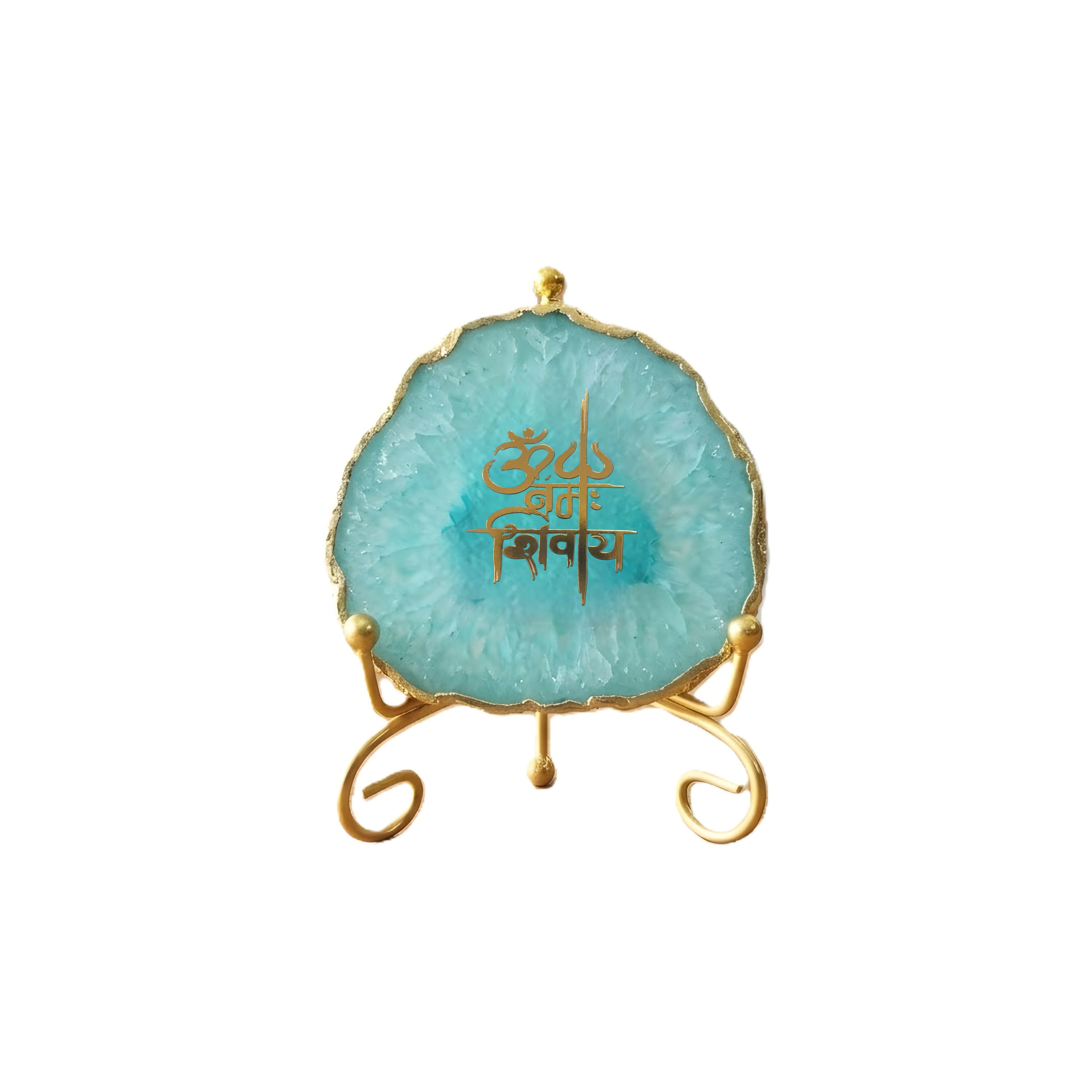 Agate Om Namah Shivay Showpiece with Metal Stand - Turquoise