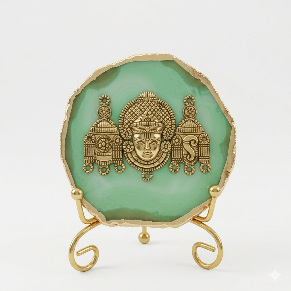Agate Metal Venketeshwar Showpiece with Metal Stand - Green
