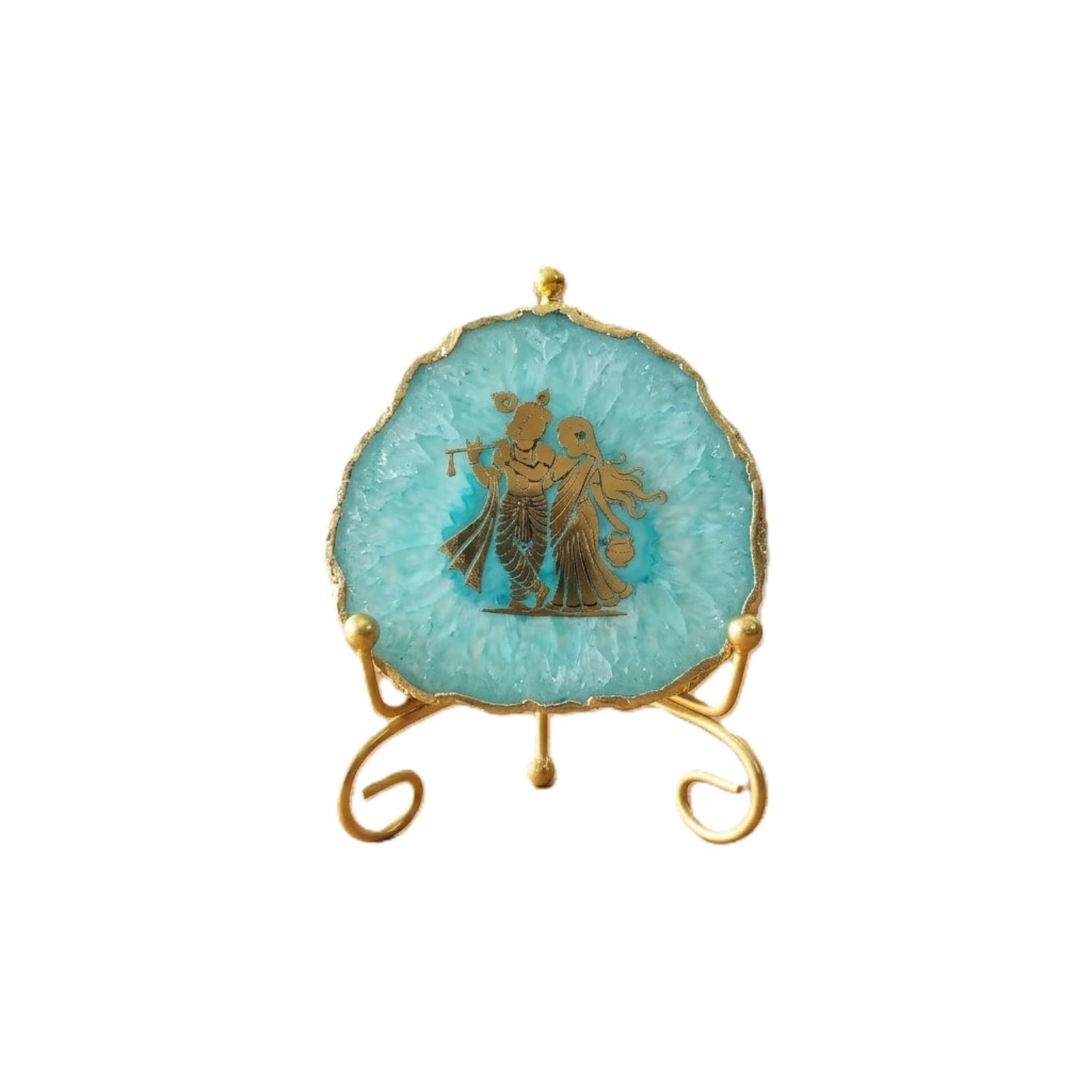 Agate Radha Krishna Showpiece with Metal Stand - Turquoise