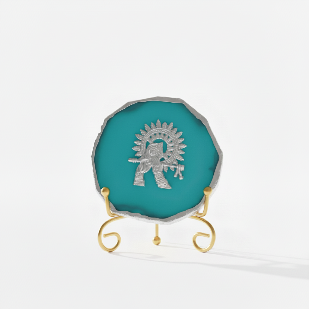 Agate Silver Metal Krishna Showpiece with Metal Stand - Turquoise