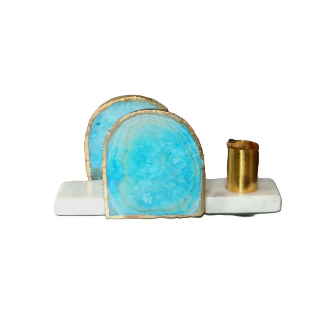 Agate Marble Tissue Holder With Toothpick Holder- Turquoise