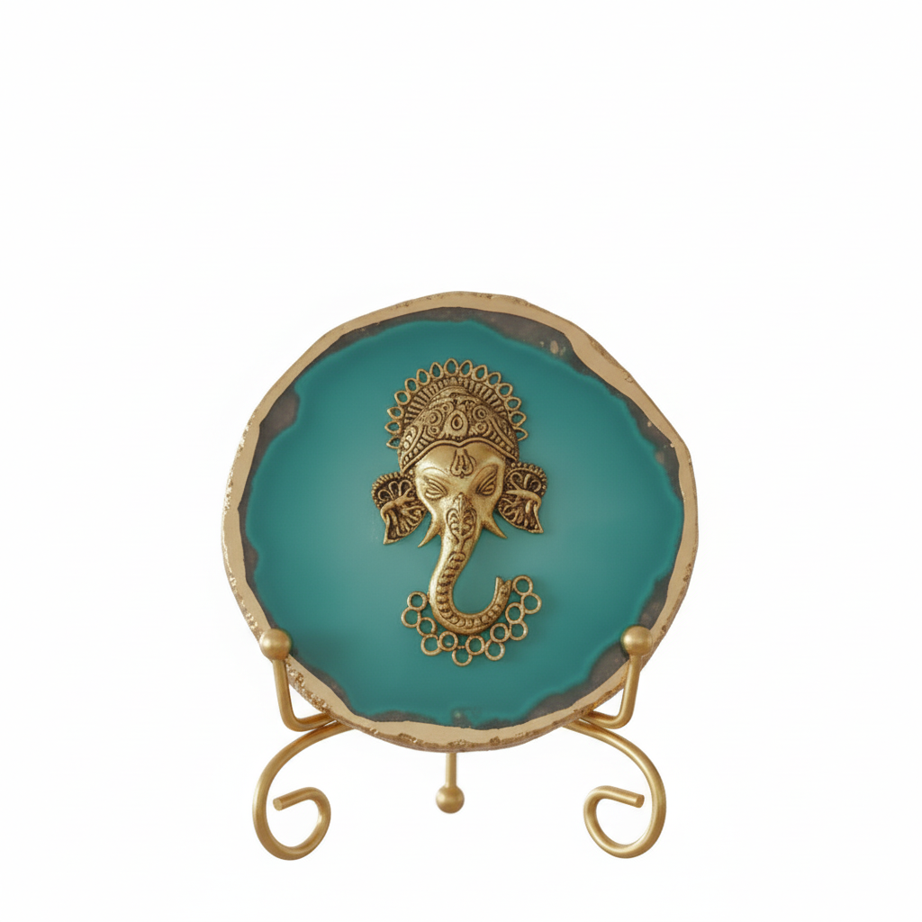 Agate Metal Ganesha Showpiece with Metal Stand - Turquoise