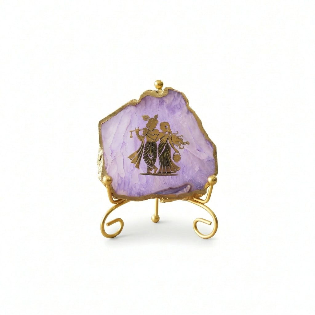 Agate Radha Krishna Showpiece with Metal Stand - Purple